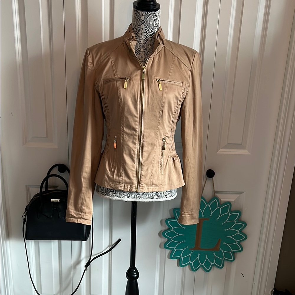 G by Guess Tan Gold Bomber Jacket with Stand-Up Collar